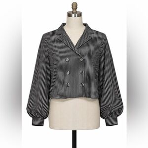 Gimmicks Black White Striped Blouse Balloon Sleeve Double Breasted Size Medium